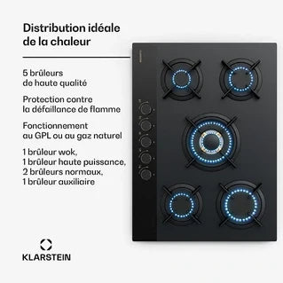 Plaque gaz KLARSTEIN Goldflame Nano Plaque de cuisson gaz 5 brûleurs en laiton 8 kW Table de cuisson à gaz - Gaz naturel/GPL